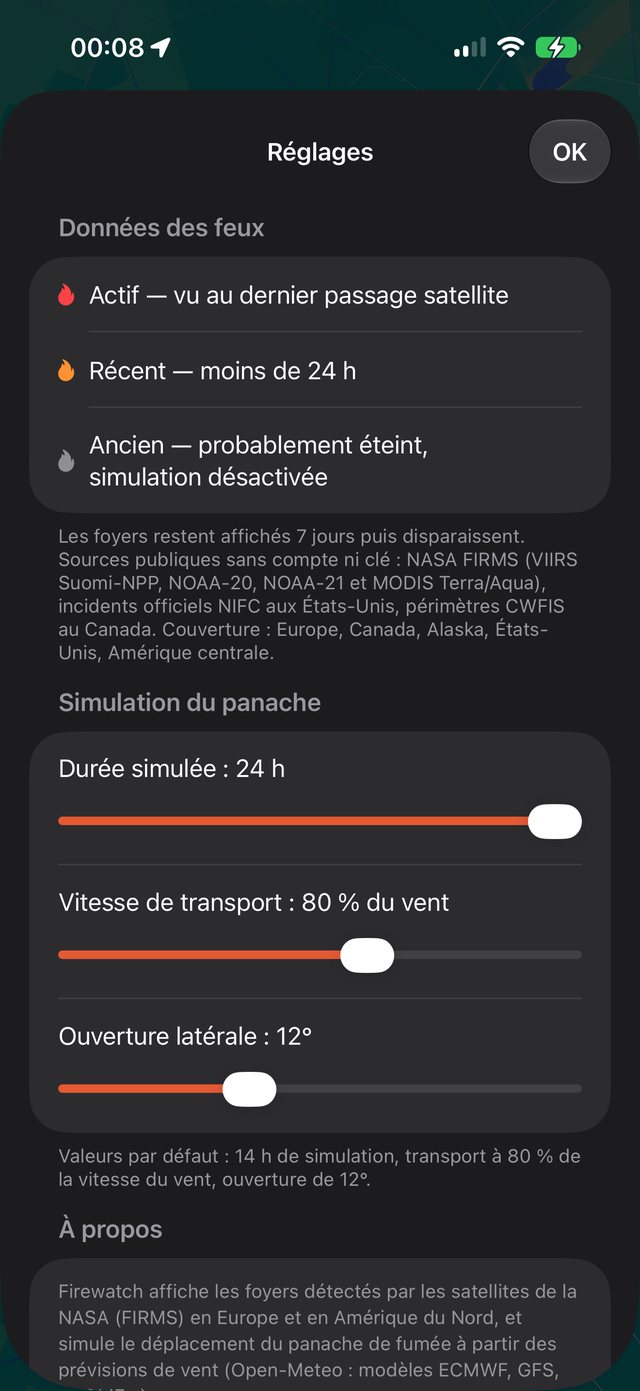 Capture d'écran : l'écran de réglages avec la légende expliquée et les paramètres de simulation